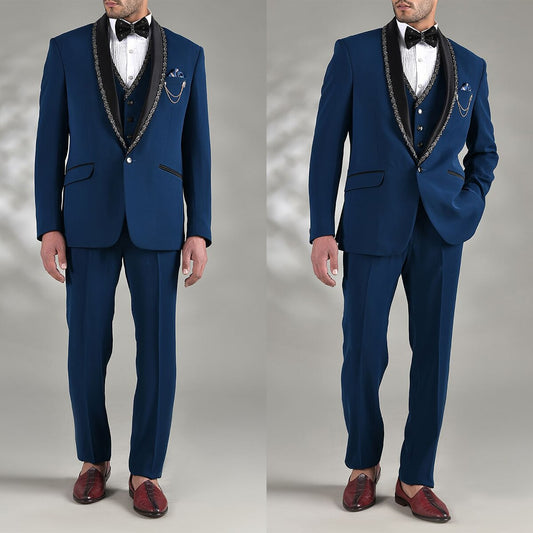 Smoking d'été bleu marine pour homme, ensemble 3 pièces, avec col châle et perles, pour marié, fête, bal de promo, tenue d'affaires 