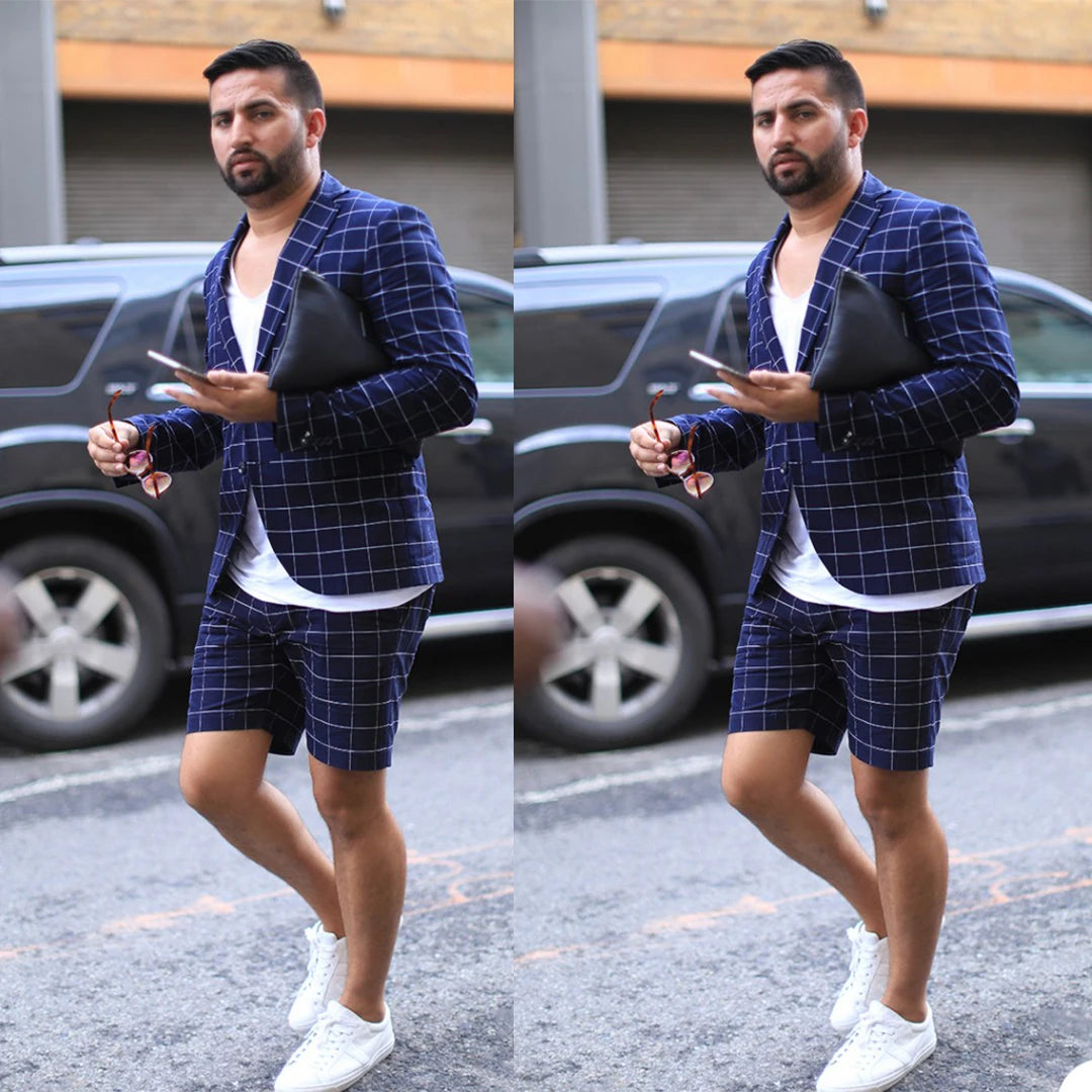 Summer Navy Check Mens Short Suits Plus Size Wedding Blazer Suit Formal Prom Party Pants Coat Jacket 2 Pieces