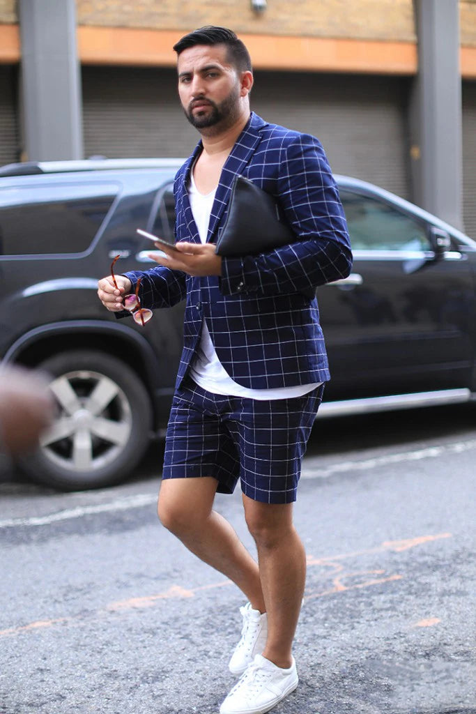 Summer Navy Check Mens Short Suits Plus Size Wedding Blazer Suit Formal Prom Party Pants Coat Jacket 2 Pieces