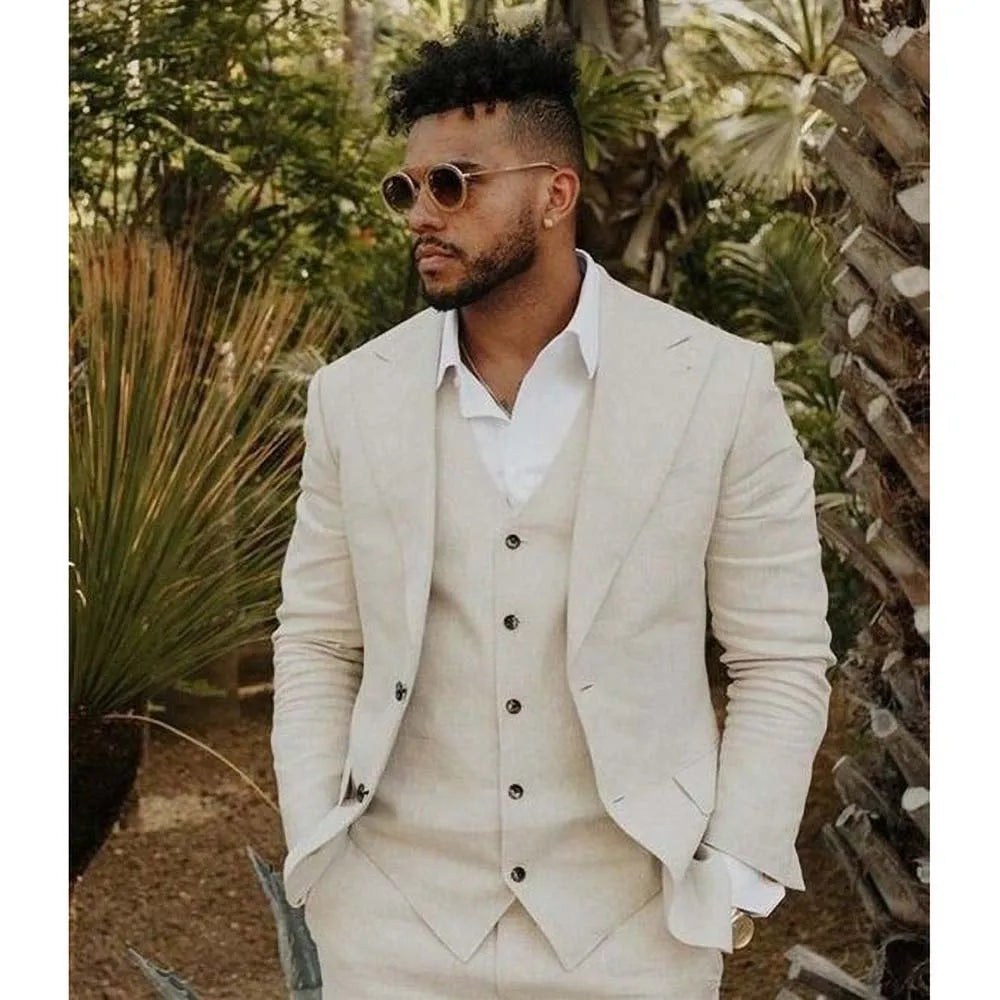 Men Suits Thin Linen 3 Piece Fashion Peak Lapel Male Blazer Beige Wedding Groom Casual Tuxedo