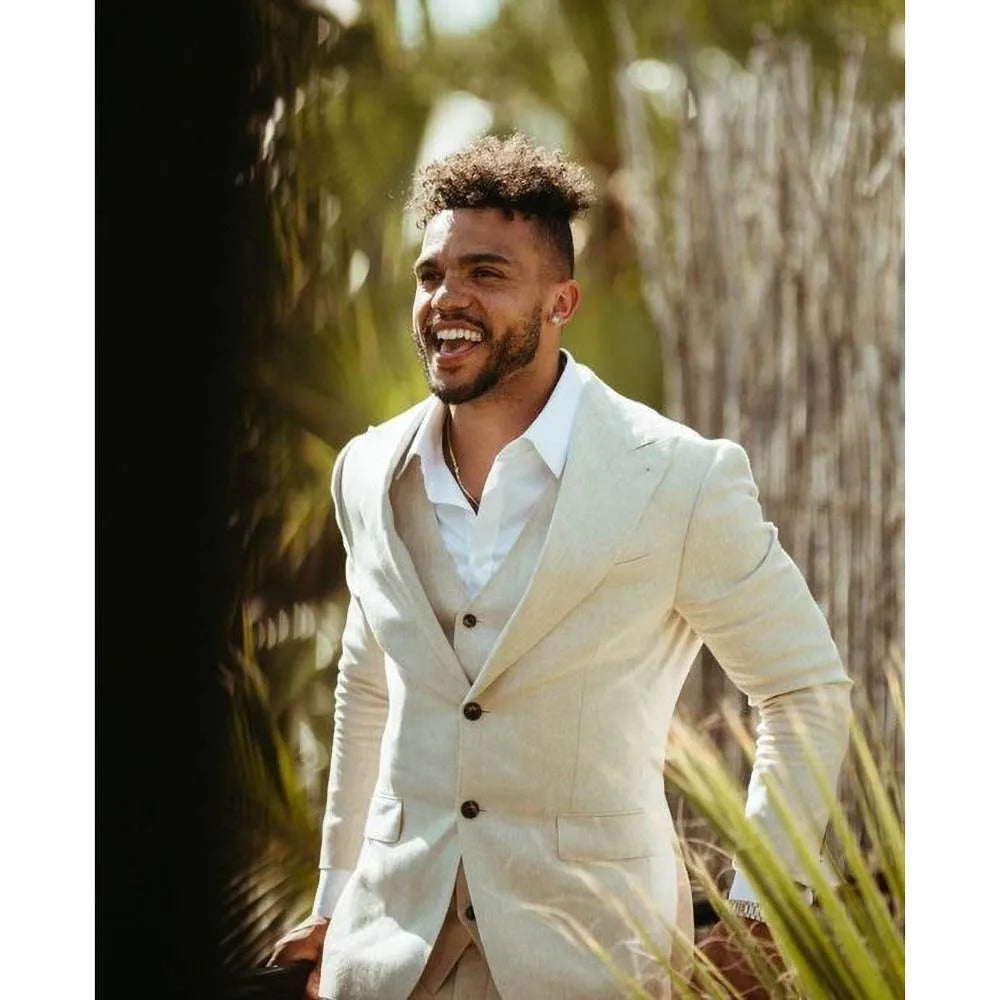 Trajes de hombre de lino fino de 3 piezas, moda, solapa de pico, blazer para hombre, beige, boda, novio, esmoquin informal 