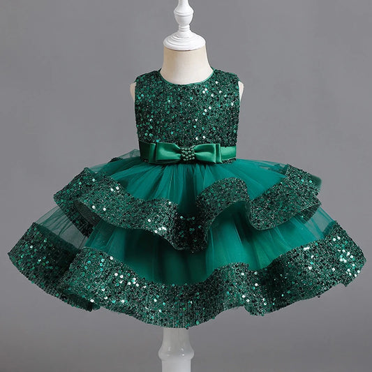 Girls Purple Sequin Tulle Layered Party Dress with Bowknot