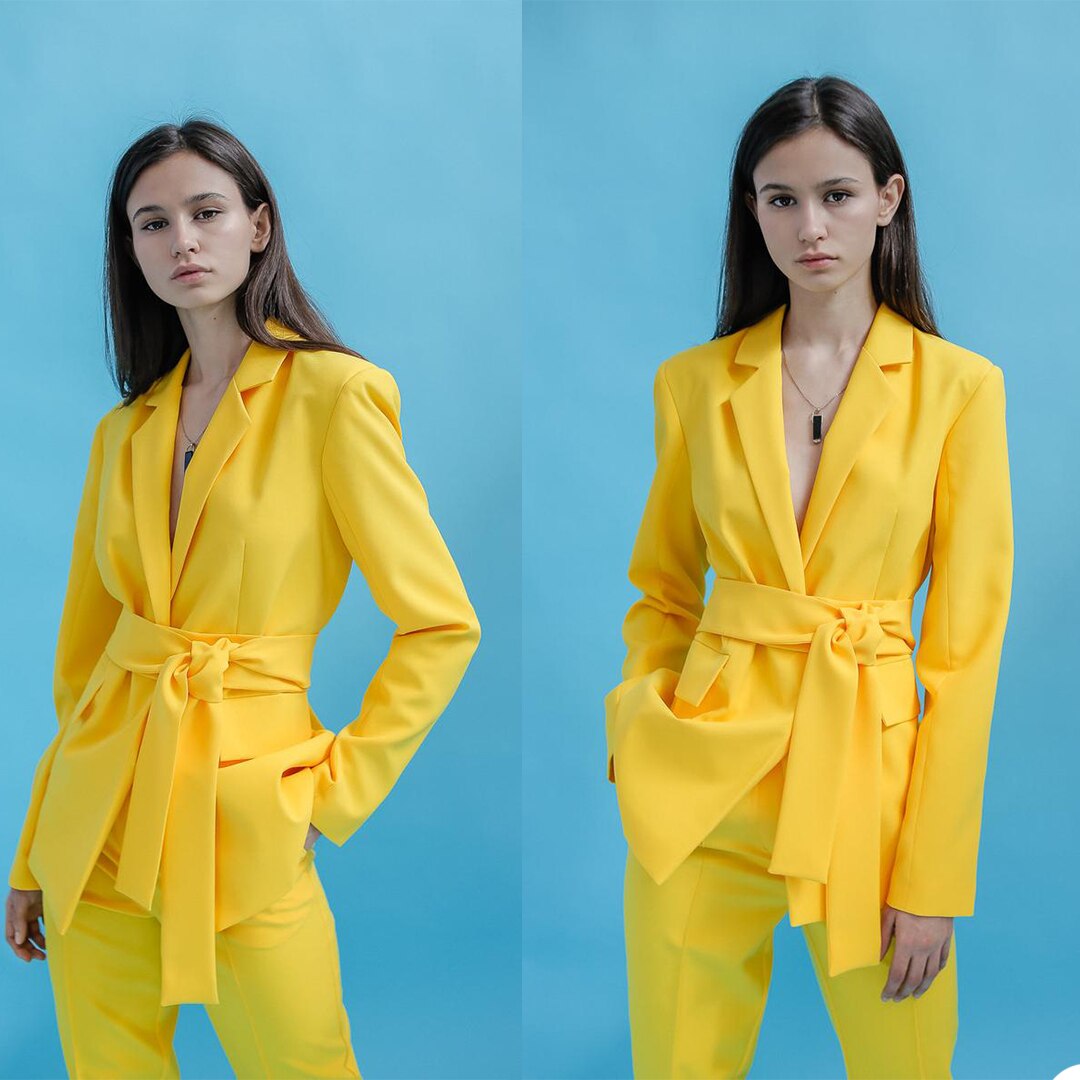 Traje de pantalón amarillo para madre de la novia, para mujer, de manga larga, formal, de negocios, con blazer y cinturón, 2 piezas 