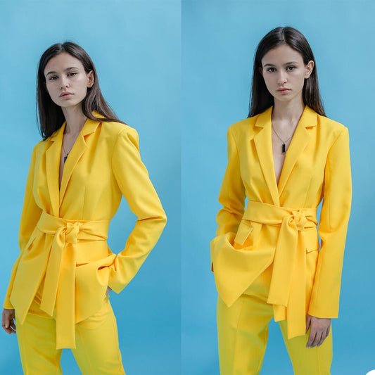 Yellow Mother Of The Bride Pants Suits Women Long Sleeve Business Formal Work Blazer Suit with Belt 2 Pieces