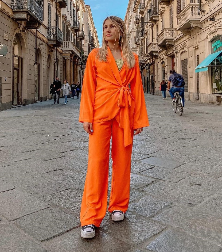 Conjunto de 2 piezas de blazer y pantalón de lino naranja para mujer, para oficina, ocio, negocios, personalizado, formal 