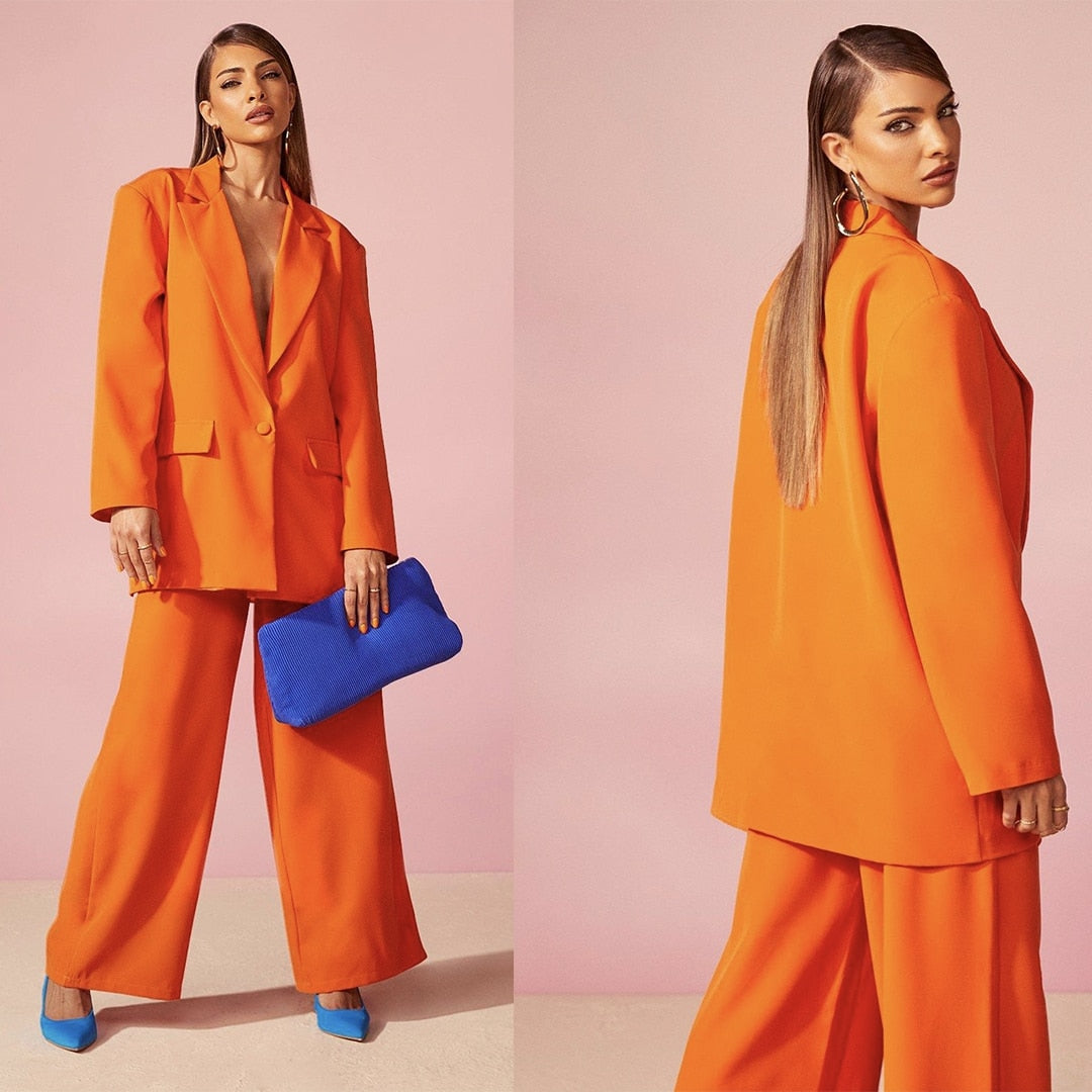Ensemble pantalon ample orange d'été pour femme, blazer super long, jambe large, sur mesure, robe de soirée, de bal 