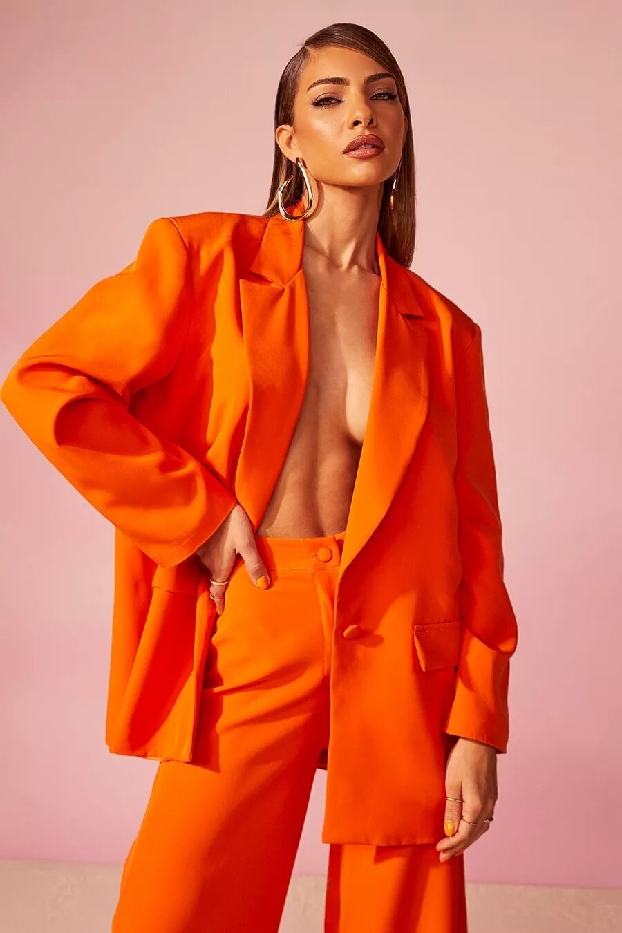 Ensemble pantalon ample orange d'été pour femme, blazer super long, jambe large, sur mesure, robe de soirée, de bal 