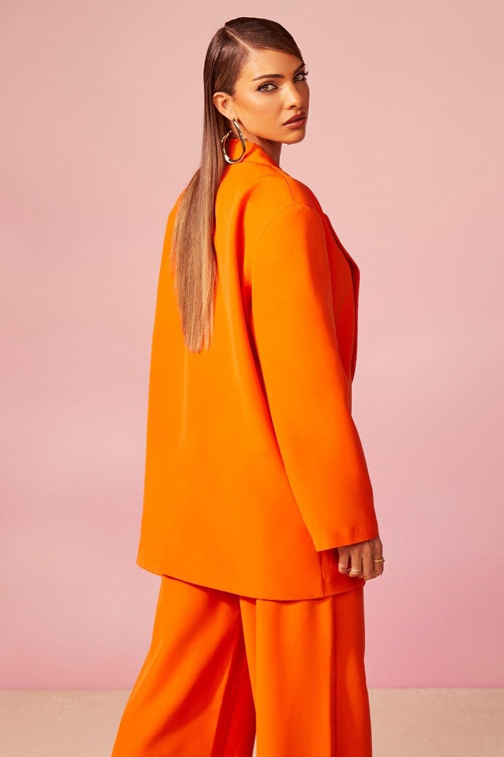 Ensemble pantalon ample orange d'été pour femme, blazer super long, jambe large, sur mesure, robe de soirée, de bal 