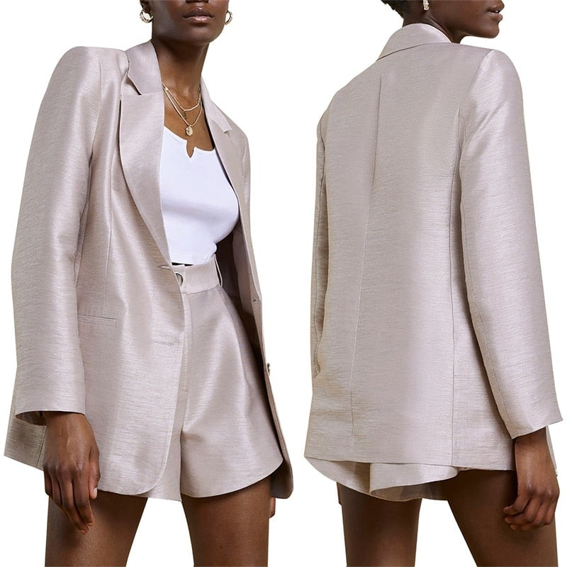 Satin 2 Pieces Women Suits Set Blazer+Short Pants Designer  Formal Party Prom Gown Office Lady Loose Jacket Custom Made