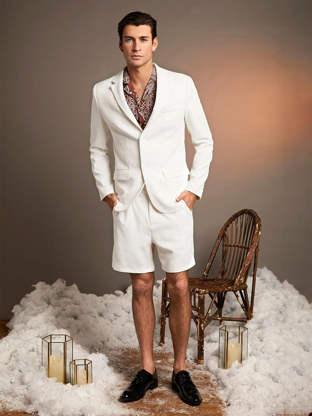 Traje de baño corto de verano para hombre, con solapa con muescas, para fiesta, graduación, negocios, 2 piezas 