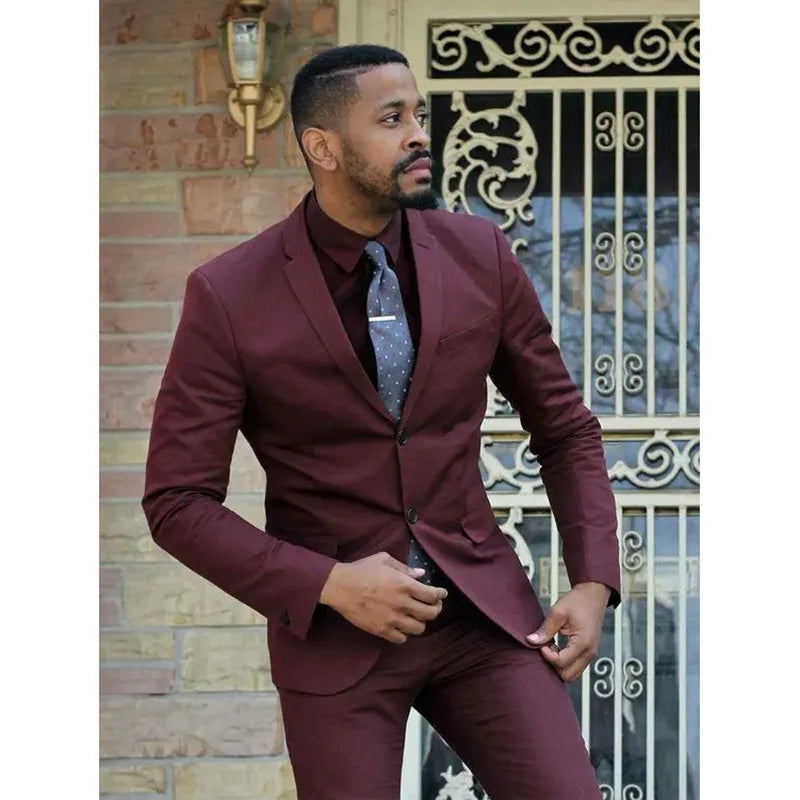 Traje masculino liso burdeos formal con solapa de muesca, informal, ajustado, de dos piezas (blazer + pantalón), para oficina, boda, fiesta, esmoquin.
