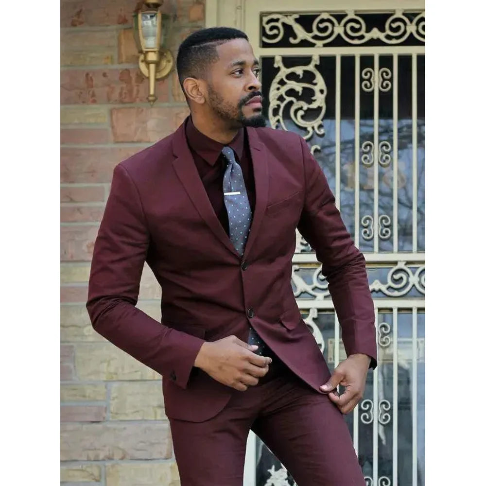 Traje masculino liso burdeos formal con solapa de muesca, informal, ajustado, de dos piezas (blazer + pantalón), para oficina, boda, fiesta, esmoquin.