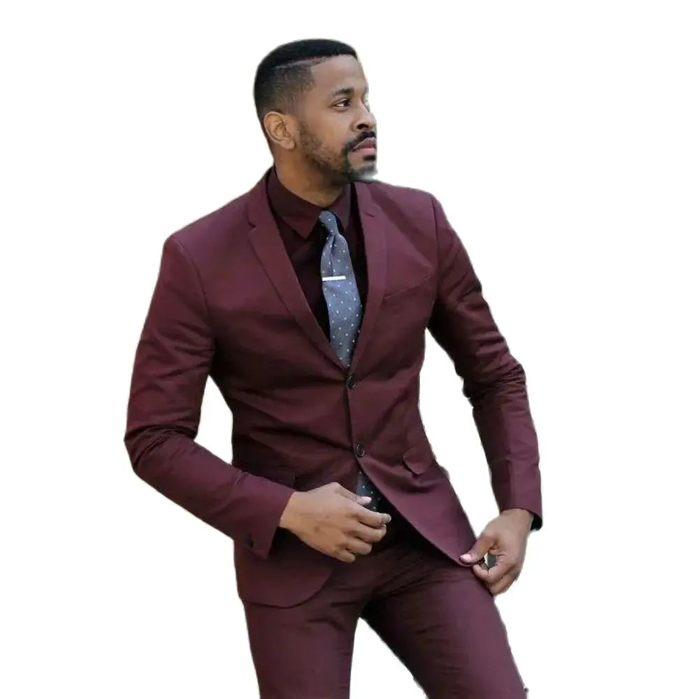 Traje masculino liso burdeos formal con solapa de muesca, informal, ajustado, de dos piezas (blazer + pantalón), para oficina, boda, fiesta, esmoquin.