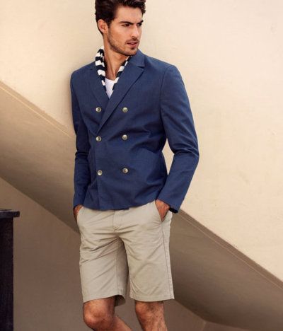 Costume homme bleu marine croisé style été avec pantalon court 2 pièces (veste + pantalon) et blazer sur mesure 