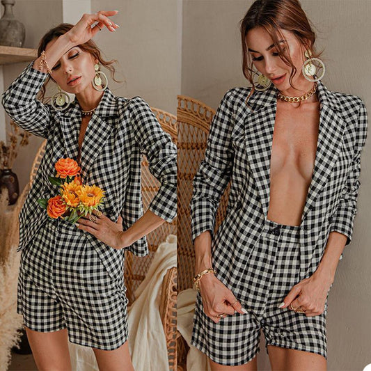 Summer Thin Black White Plaid Women Short Blazer Dress Slim Fit Office Lady Party Prom Jacket Leisure Outfit Coat