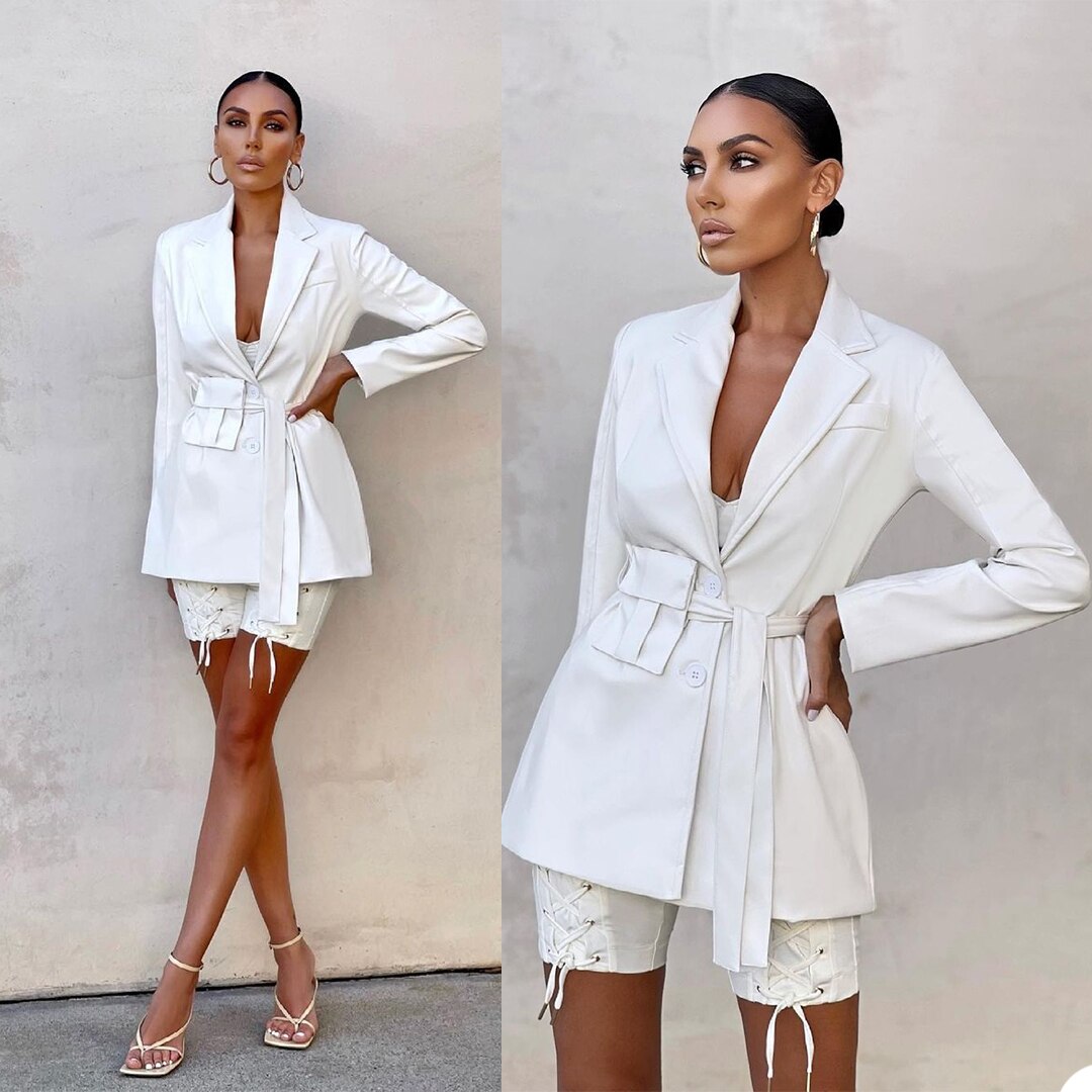 Summer Trousers Set Women Crop Top Sexy Lace-up Blazer Coat High Waist Pants Suit Sets Streetwear 2 Piece Lady