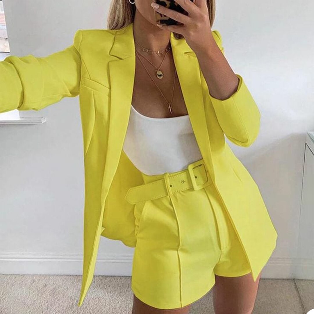 Ensemble 2 pièces jaune pour femme, veste et pantalon, tenue de soirée, de bal, de soirée, de mariage 