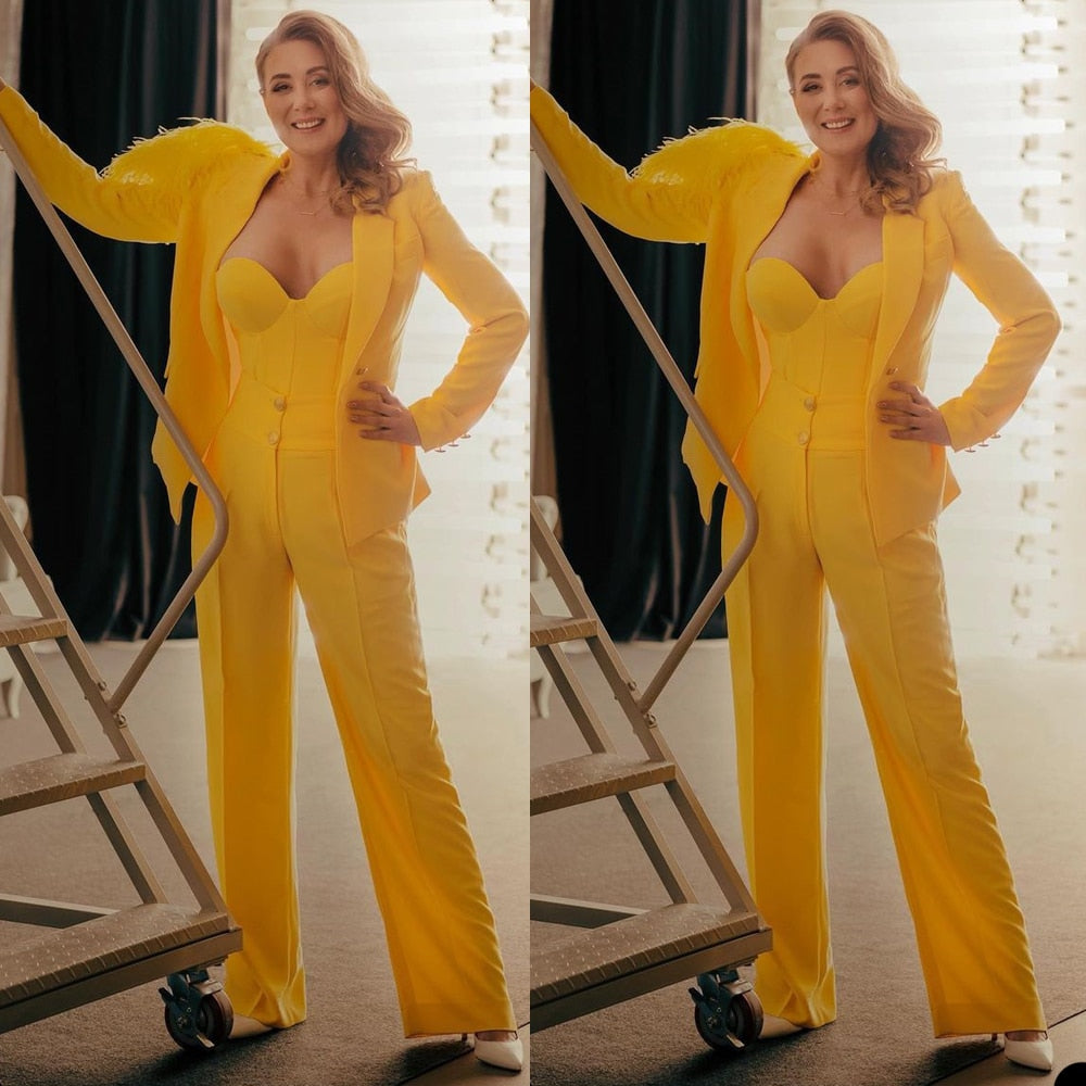 Yellow Women Blazer Pant Suits Set Feather Office Ladies Leisure Business Custom Made Formal Outfit 2 Pieces