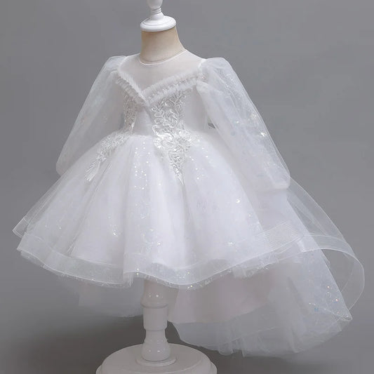 Girls White Long Sleeve Lace Tulle Dress with Floral Embroidery and Puffy Skirt