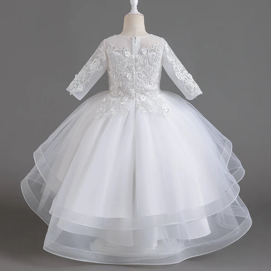 Girls White Lace and Tulle Flower Girl Dress with Half Sleeves and Tiered Skirt