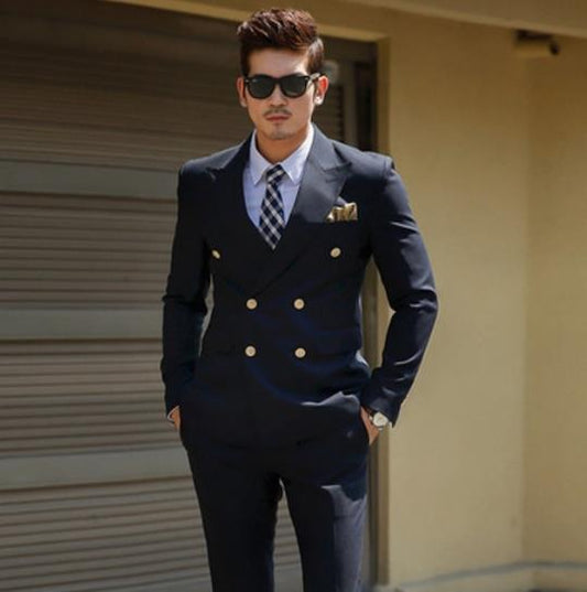 Men's Black Double Breasted Korean Slim Fit Suit Gentleman Suit Business Groom Wedding Dress (Top Jacket + Trousers)