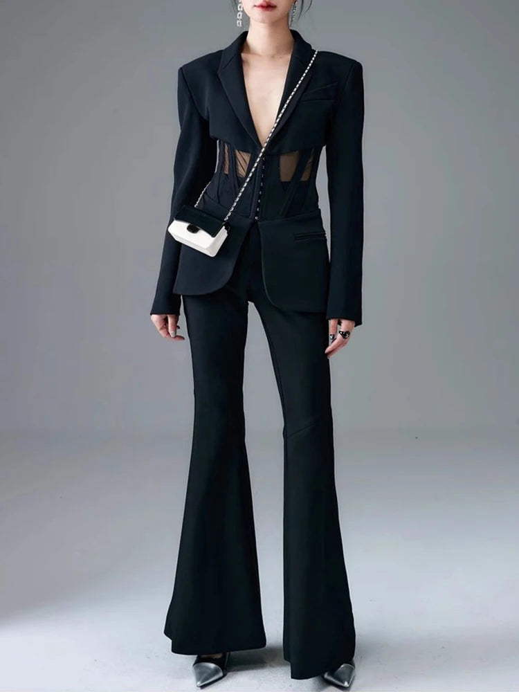 Blazer élégant et amincissant à empiècements transparents pour femme - Veste ajustée à manches longues et col cranté