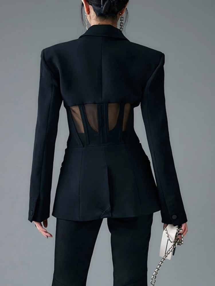Blazer élégant et amincissant à empiècements transparents pour femme - Veste ajustée à manches longues et col cranté