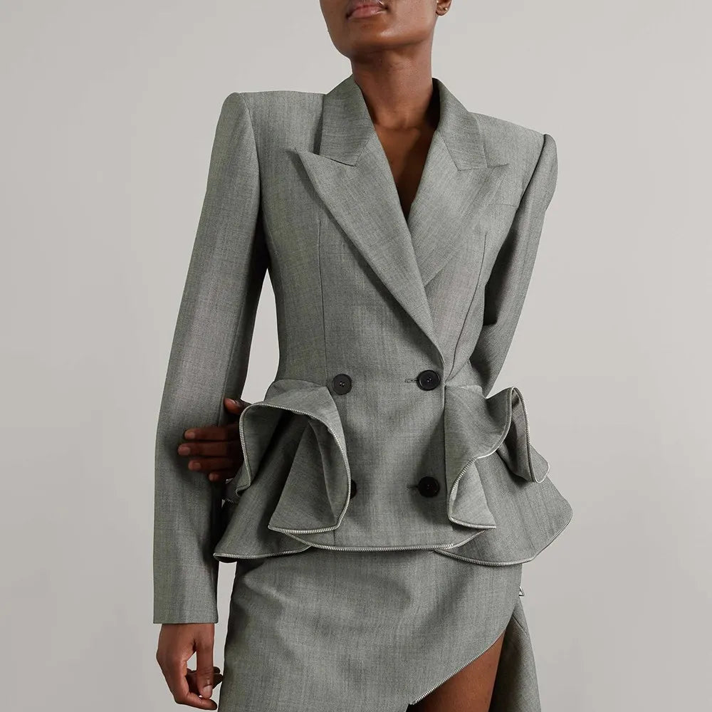 Blazer informal con volantes y cuello entallado para mujer, manga larga, botones y patchwork, ropa femenina 