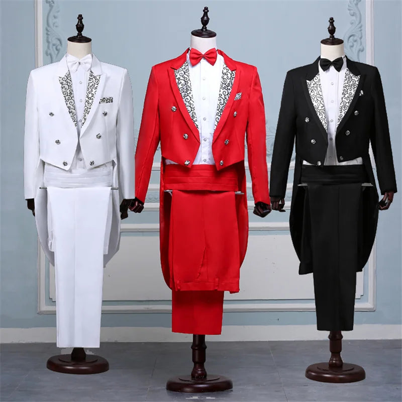 Tailcoat Suits Men Vest Jacket White Tail Coat Chorus Tuxedo Floral Stage Costume Singer Performer Magician Host Outfits