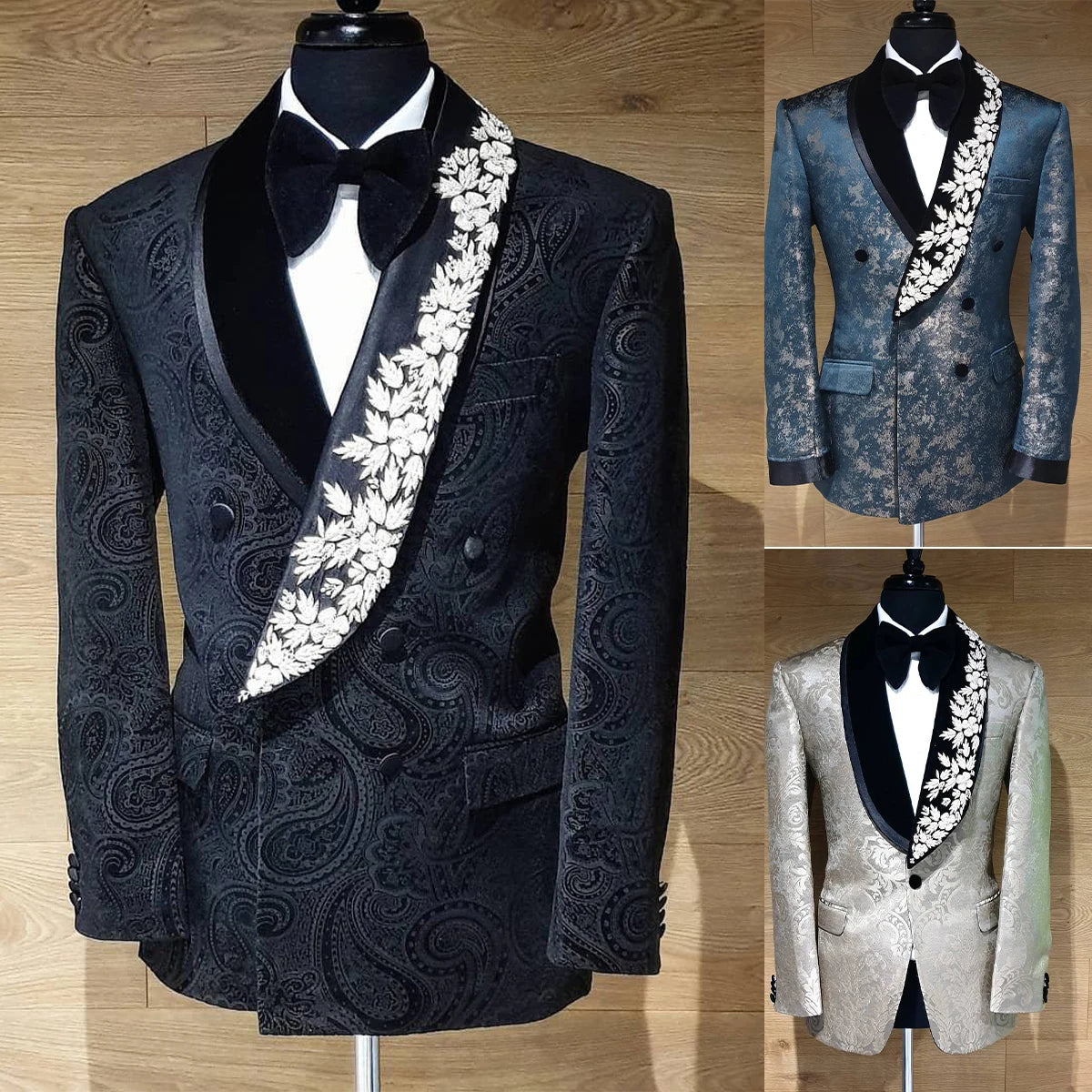 Tailor Floral Pattern Men Suits for Wedding Groom Tuxedos Blazer Coat Black Pants Fit Prom Costume Homme 2 Pieces