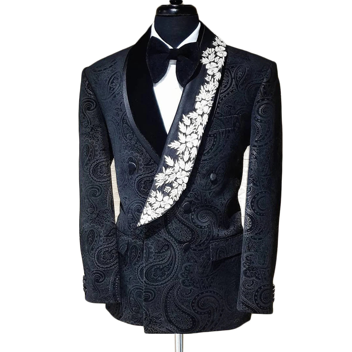 Tailor Floral Pattern Men Suits for Wedding Groom Tuxedos Blazer Coat Black Pants Fit Prom Costume Homme 2 Pieces