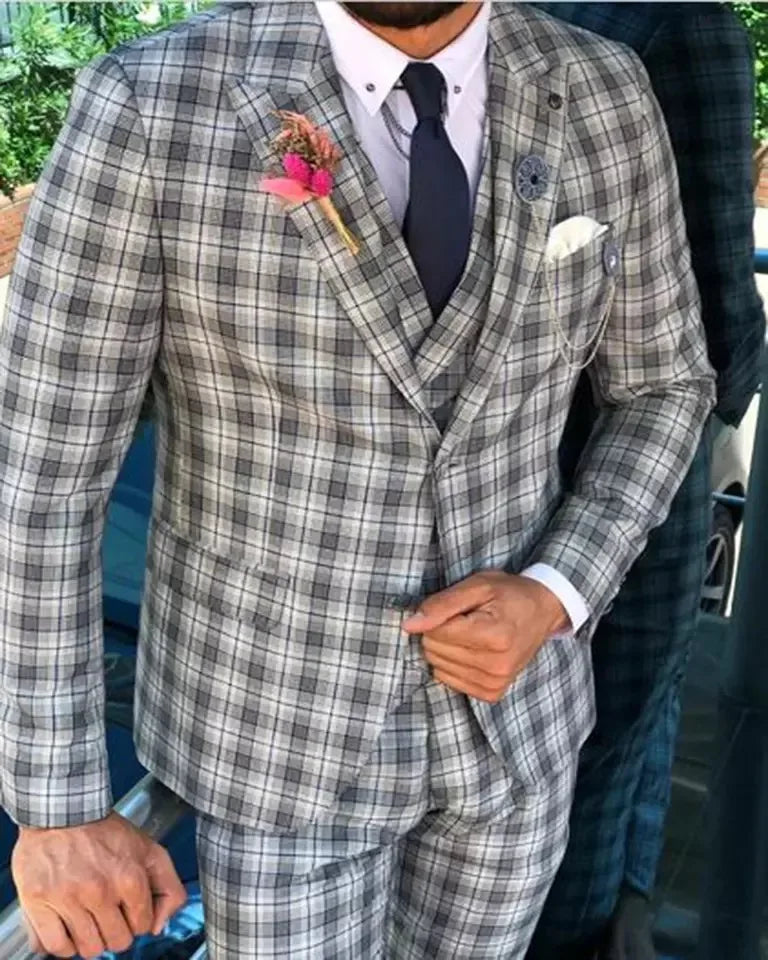 Tailor Made Plaid Men Suits Classic Formal Business Blazer Wedding Groom Tuxedo 3 Piece Sets Costume Homme (Jacket+Vest+Pants)