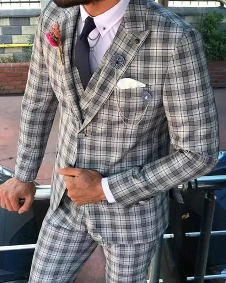 Tailor Made Plaid Men Suits Classic Formal Business Blazer Wedding Groom Tuxedo 3 Piece Sets Costume Homme (Jacket+Vest+Pants)