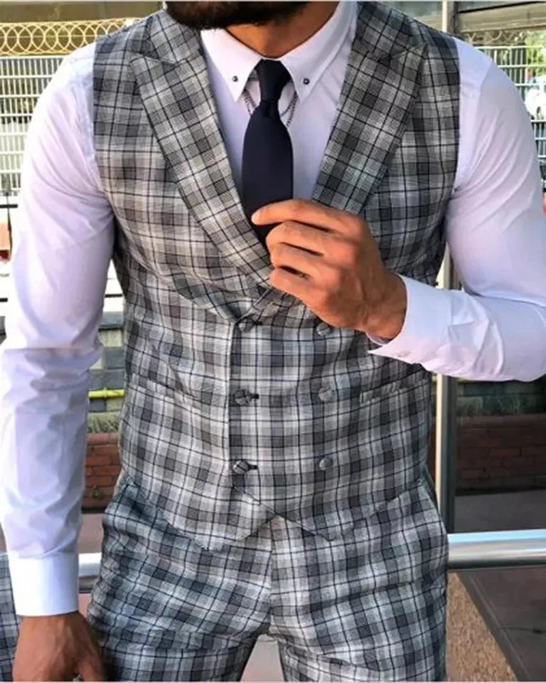 Tailor Made Plaid Men Suits Classic Formal Business Blazer Wedding Groom Tuxedo 3 Piece Sets Costume Homme (Jacket+Vest+Pants)