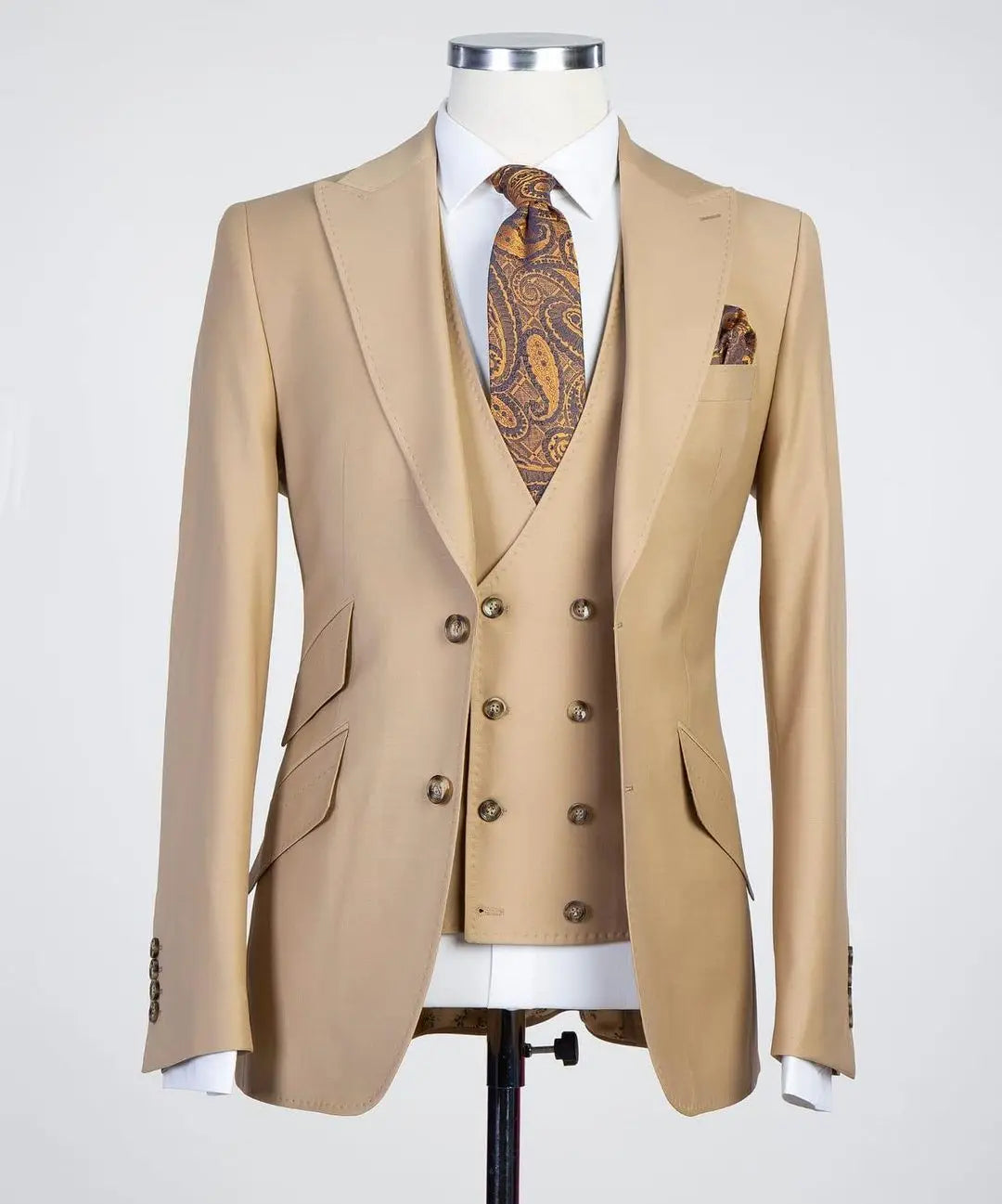 Men's Beige Three Piece Suit Double Breasted Vest Paisley Tie and Pocket Square