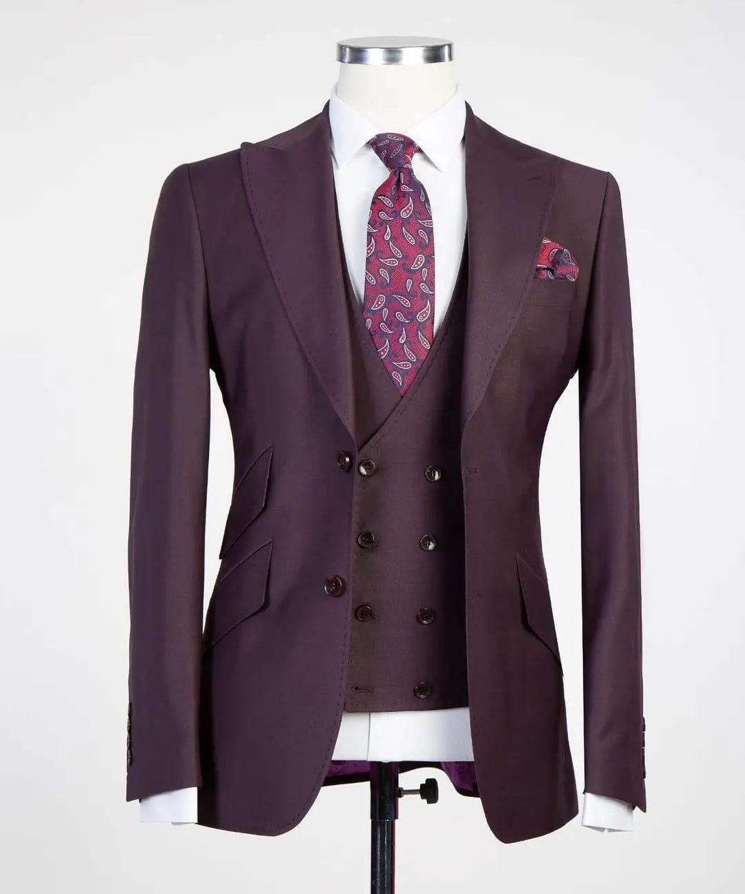 Men's Beige Three Piece Suit Double Breasted Vest Paisley Tie and Pocket Square