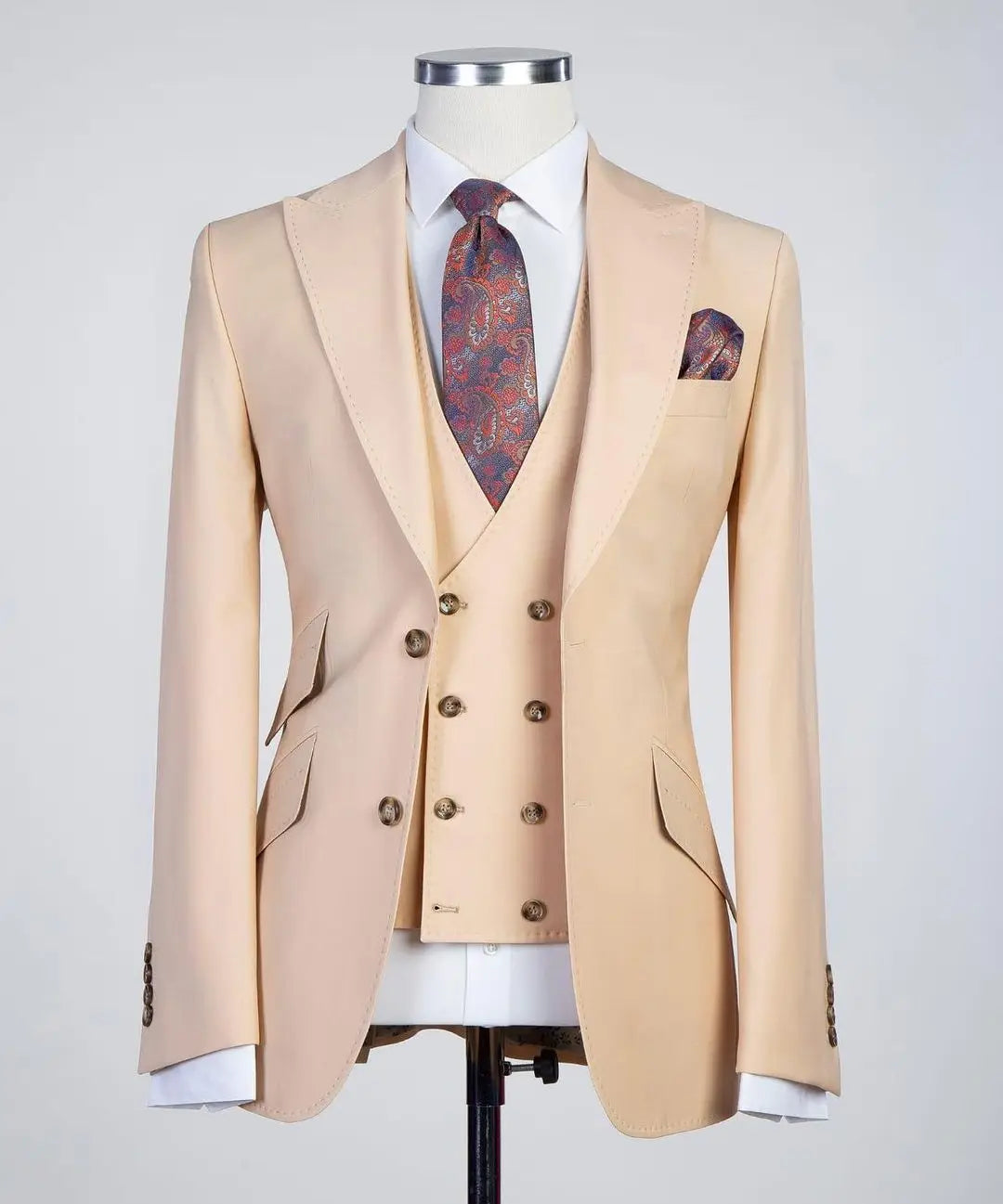 Men's Beige Three Piece Suit Double Breasted Vest Paisley Tie and Pocket Square
