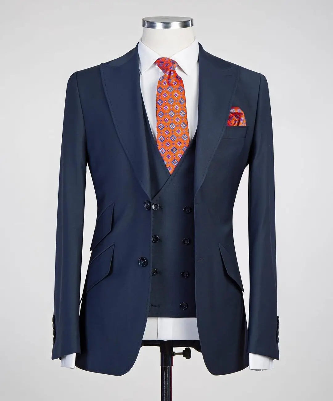 Men's Beige Three Piece Suit Double Breasted Vest Paisley Tie and Pocket Square