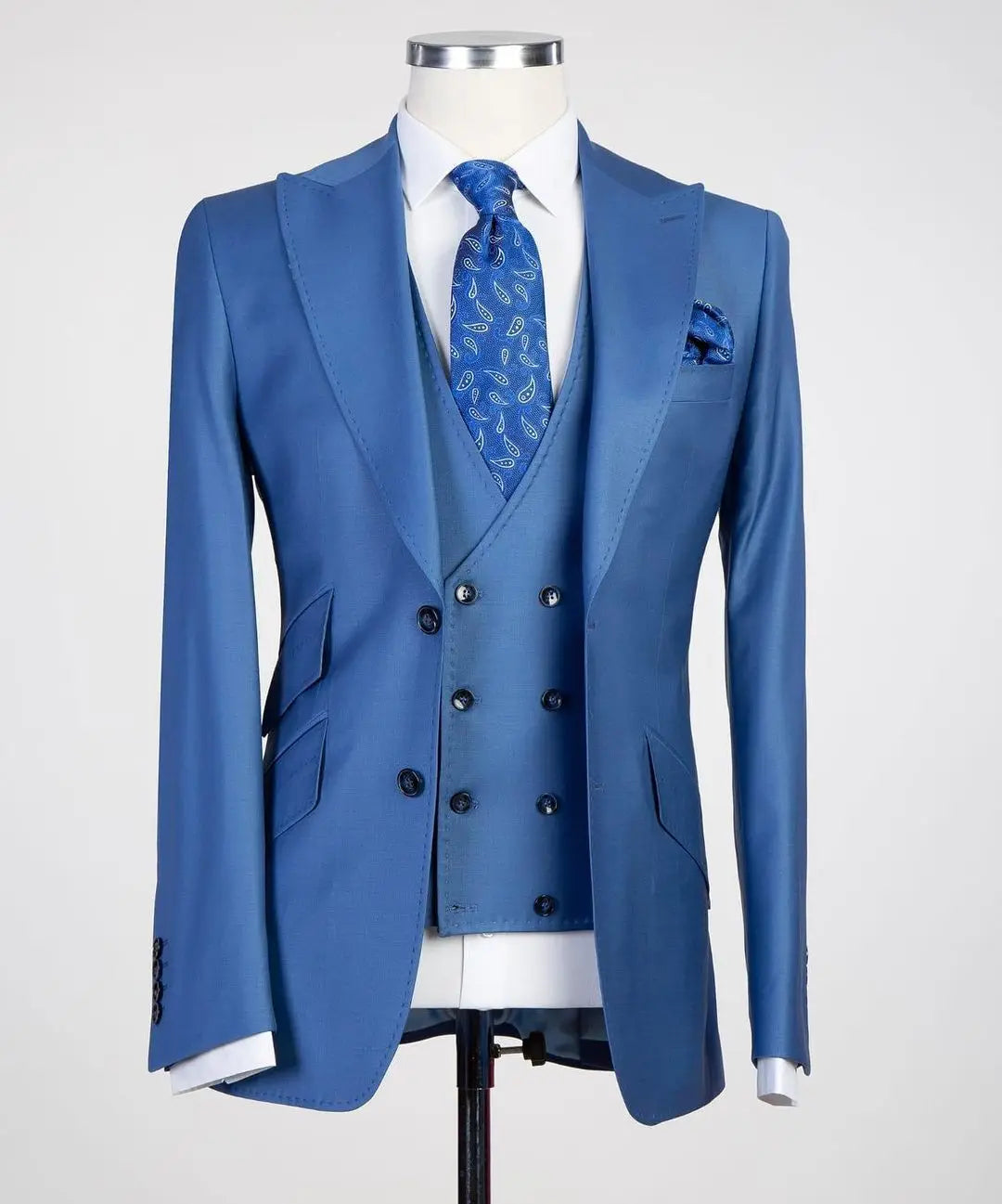 Men's Beige Three Piece Suit Double Breasted Vest Paisley Tie and Pocket Square