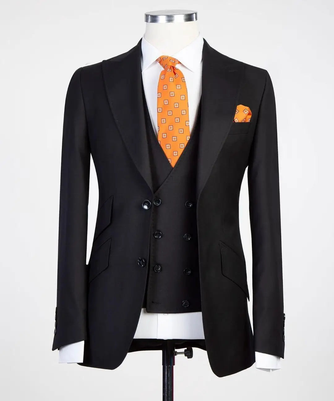 Men's Beige Three Piece Suit Double Breasted Vest Paisley Tie and Pocket Square