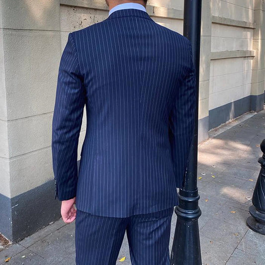 Tailored Navy Blue Striped 3-Piece Slim Fit Suit for Men Elegant Wedding Tuxedo with High-Quality Pants and Jackets Perfect for Formal Occasions