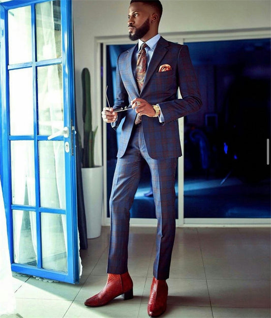 Tailored Business Check Plaid men Pants Suits Custom Made Slim Fit Groom Best Man Coat Blazer 2 pcs (Jacket+Pants)