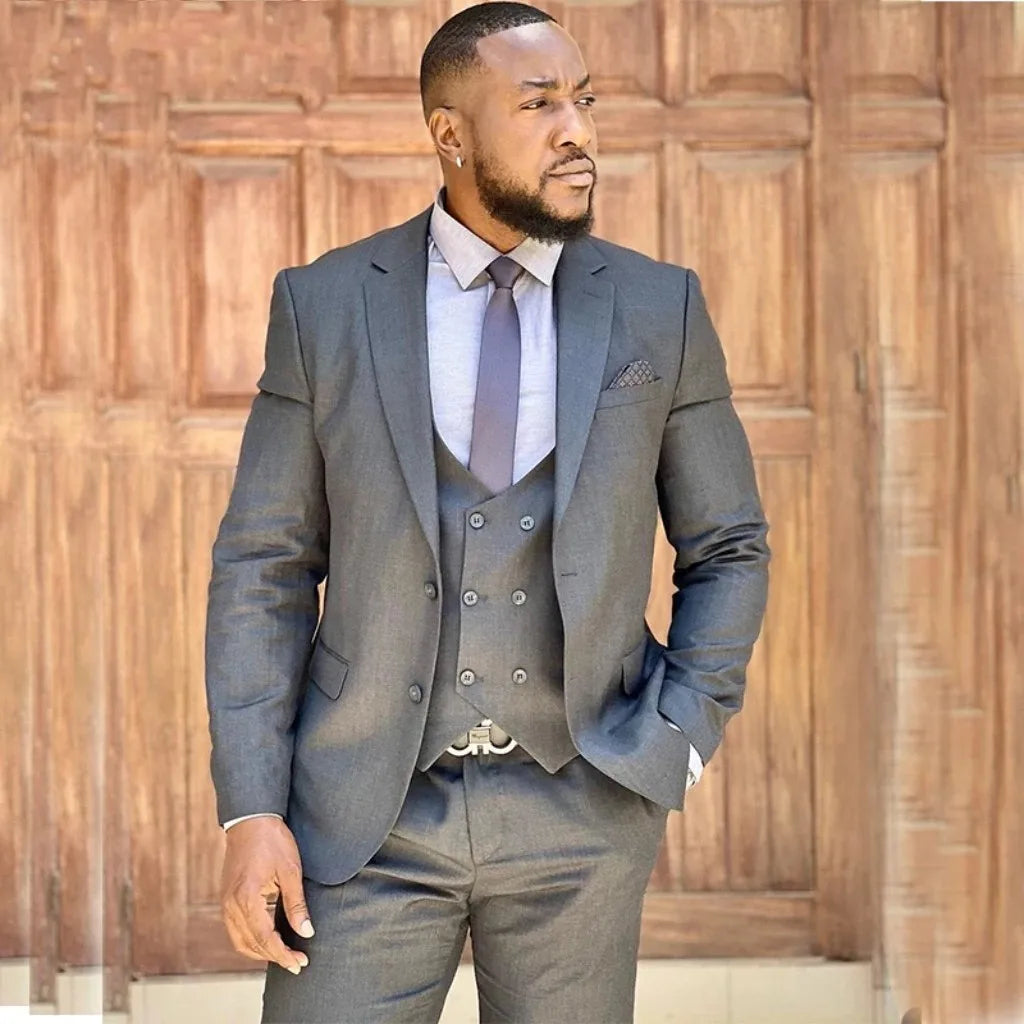 Traje gris a medida para hombre, 3 piezas, de un solo pecho, para oficina, negocios, boda, novio, ropa para hombre 