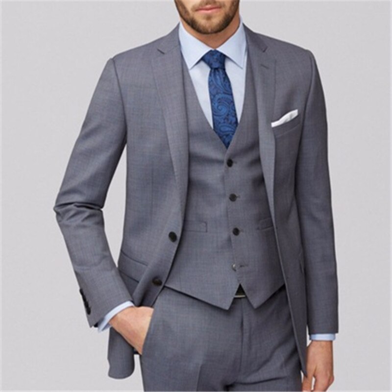 Men's Grey 3-Piece Wedding Suit Set for Party (Jacket, Pants, Vest)