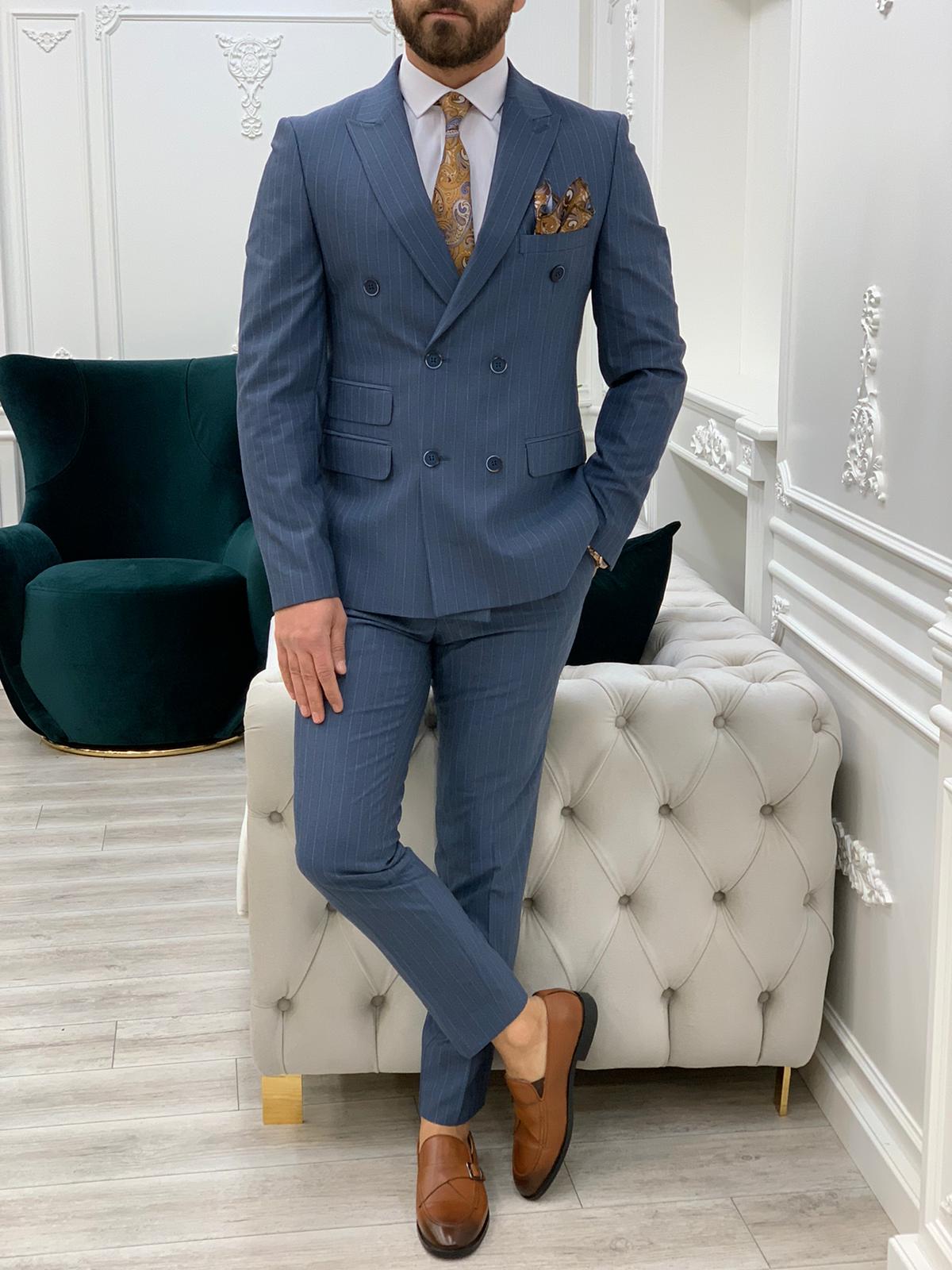 Tailored Pinstripe Groom Wedding Tuxedos Slim Fit Double Breasted Pant Suits Prom Party Business Suit Outfit (Jacket+Pants)