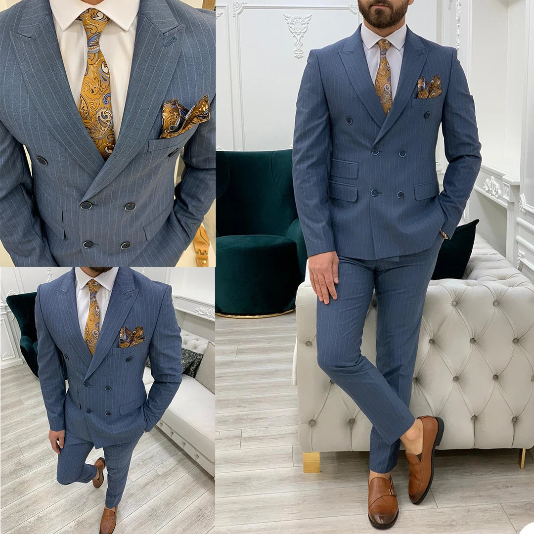 Smoking de marié sur mesure à rayures fines, coupe slim, croisé, pantalon, tenue de soirée, costume d'affaires (veste + pantalon)