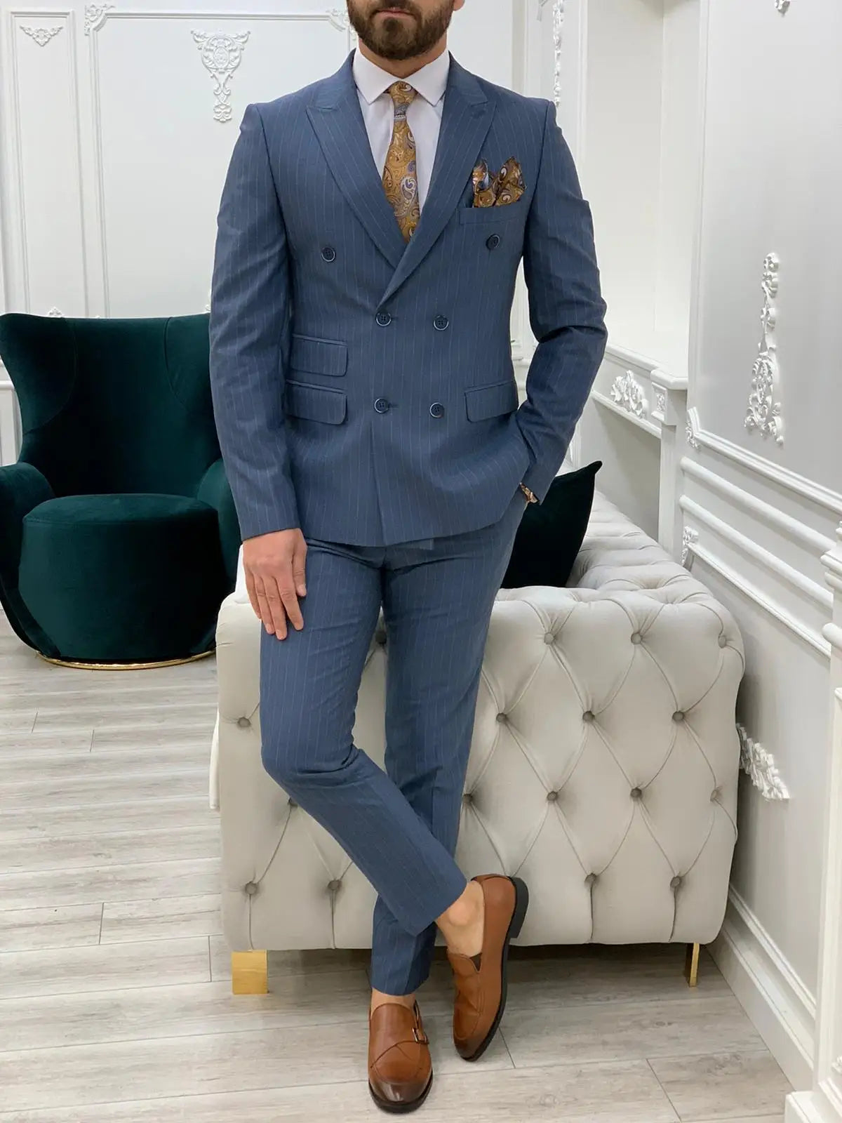 Smoking de marié sur mesure à rayures fines, coupe slim, croisé, pantalon, tenue de soirée, costume d'affaires (veste + pantalon)