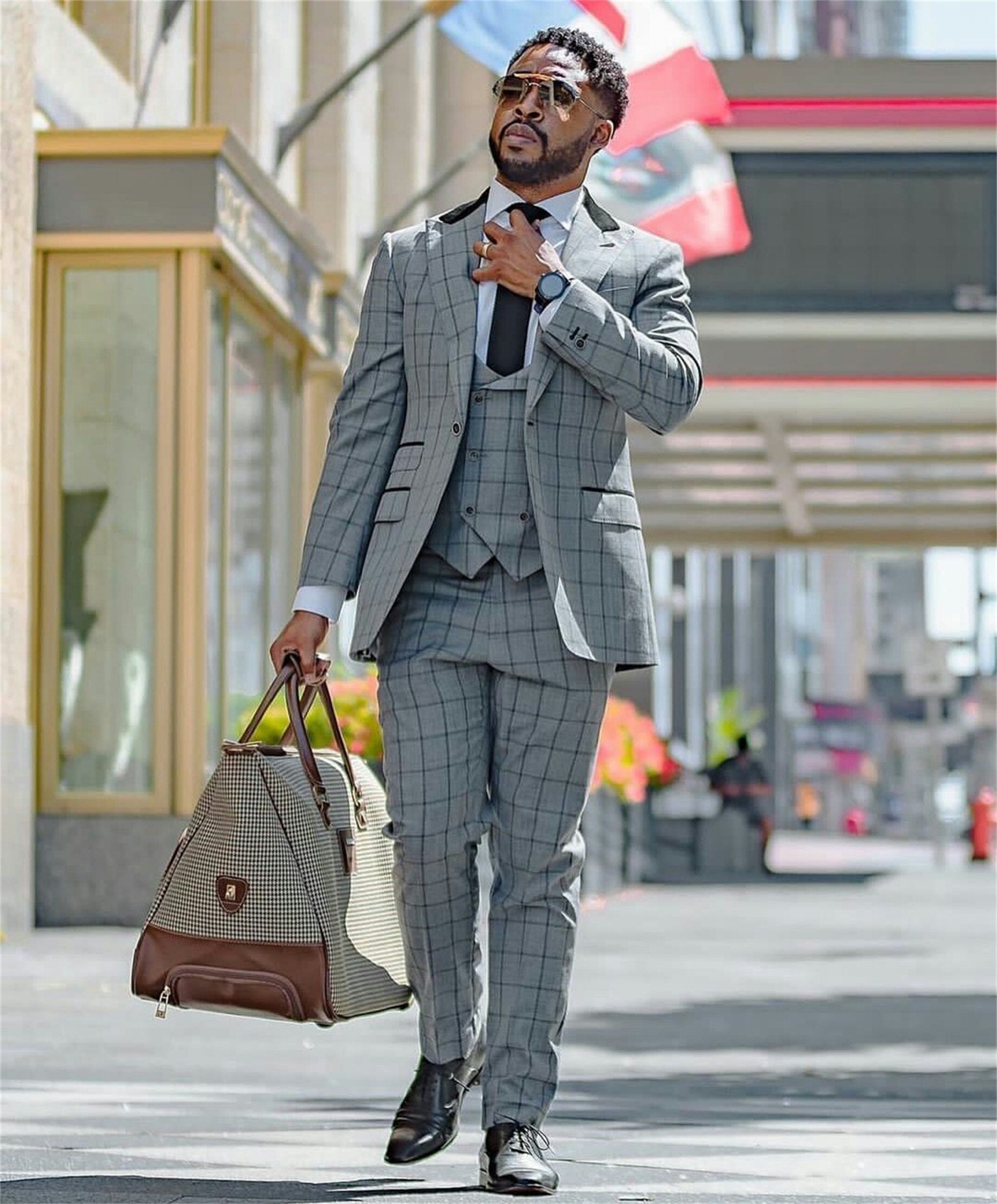 Costume 3 pièces gris à carreaux pour homme, sur mesure, pour marié, témoin, pantalon, blazer, mariage (veste, gilet, pantalon) 