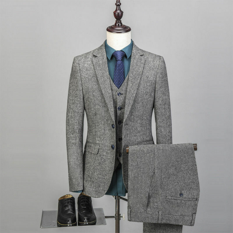 Costume vintage 3 pièces pour homme, en tweed moucheté, 2 boutons, gris, laine, sur mesure (veste, pantalon, gilet) 