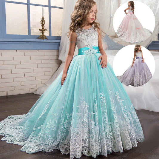 Vestido de princesa con lazo, largo hasta el suelo, de tul y encaje para niñas, ideal para ocasiones especiales. 